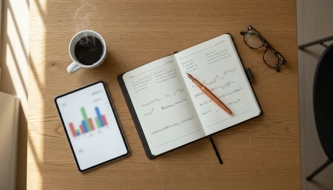 Notitieboek, pen, bril en tablet met een grafiek op een houten tafel