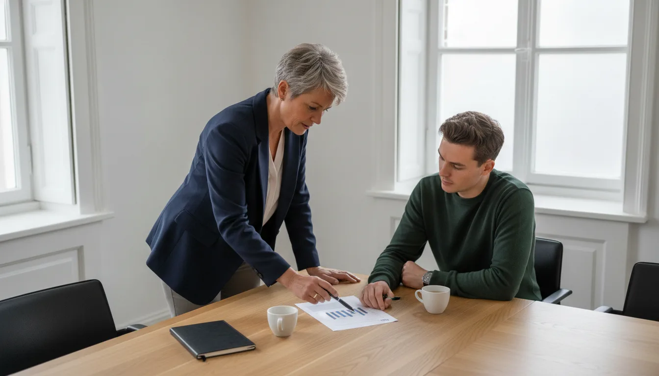Adviesgesprek aan tafel over de cijfers van een bedrijf
