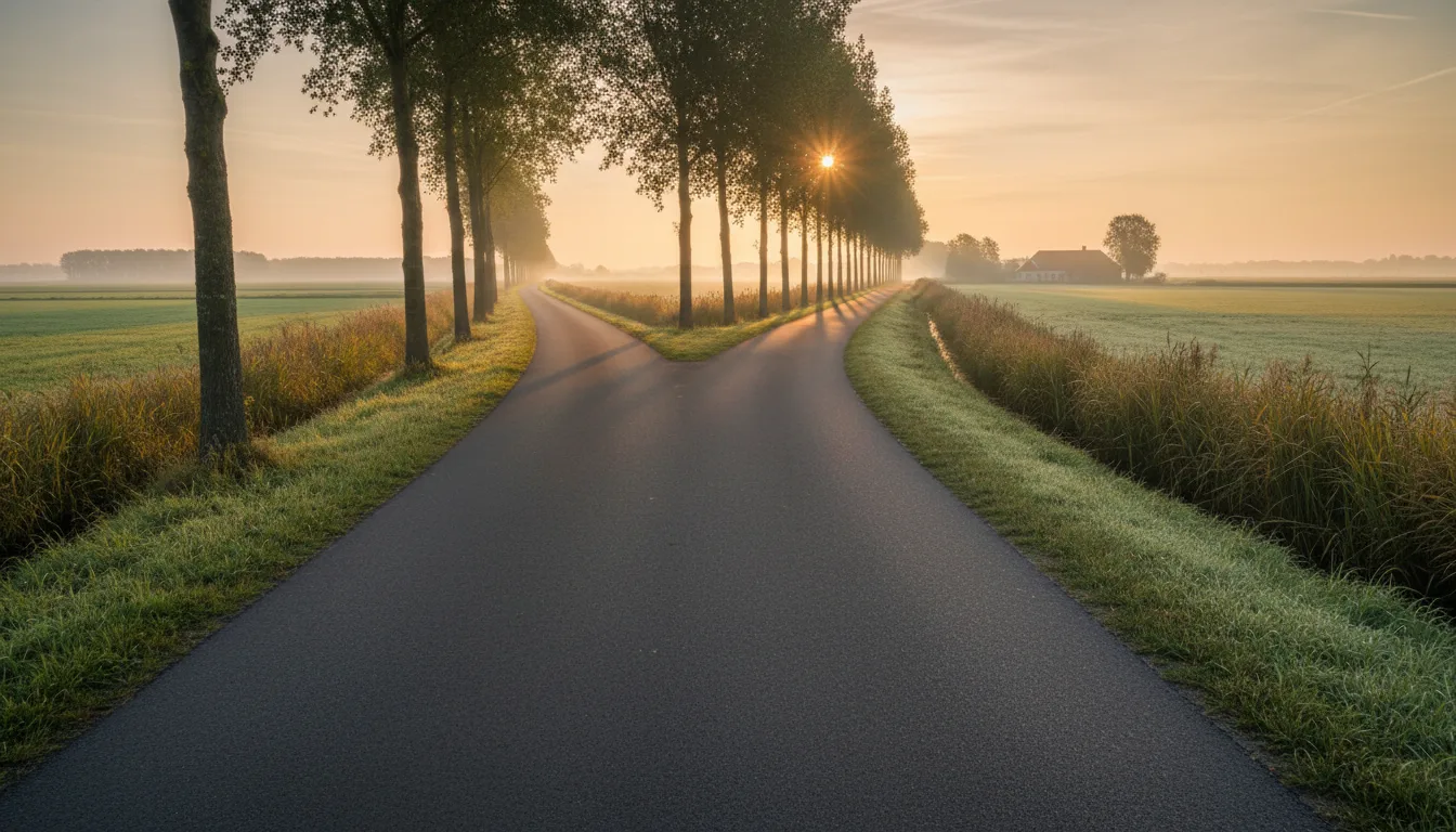 Polderweg die zich splitst in de ochtendzon