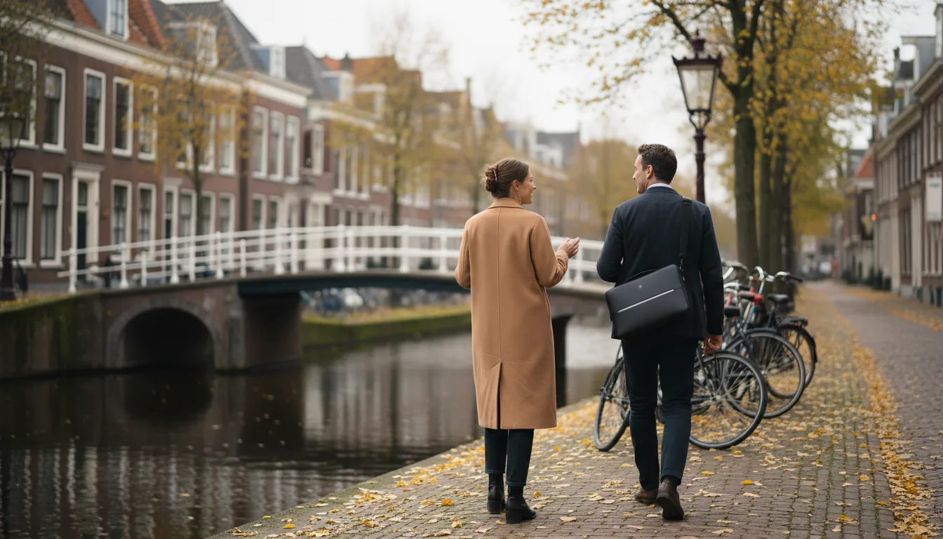 Twee collega’s wandelen langs een gracht in een Nederlandse stad